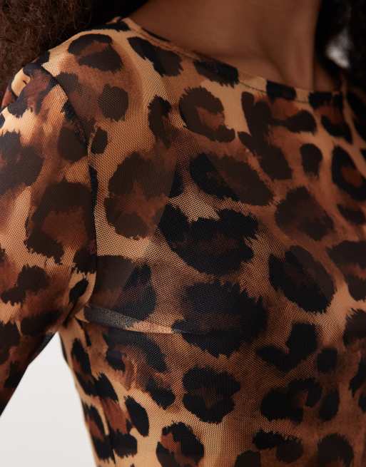 ASOS DESIGN long sleeve mesh top in leopard print, 3 of 4