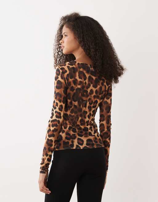 ASOS DESIGN long sleeve mesh top in leopard print, 4 of 4