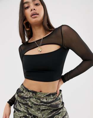 long sleeve mesh top with cut out front 