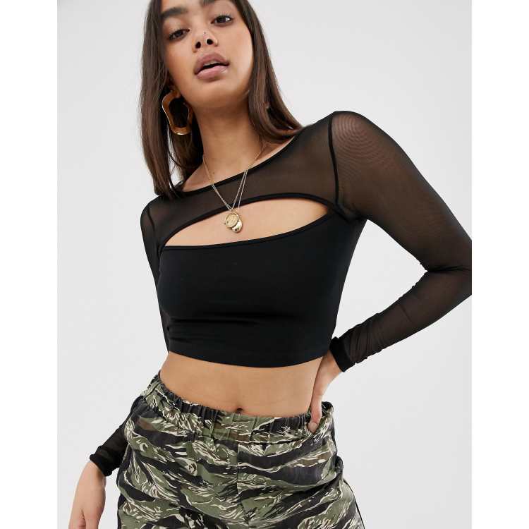 ASOS DESIGN long sleeve mesh top with cut out front and clip back