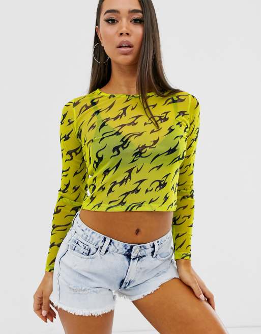 ASOS DESIGN long sleeve mesh top with graphic print in green | ASOS