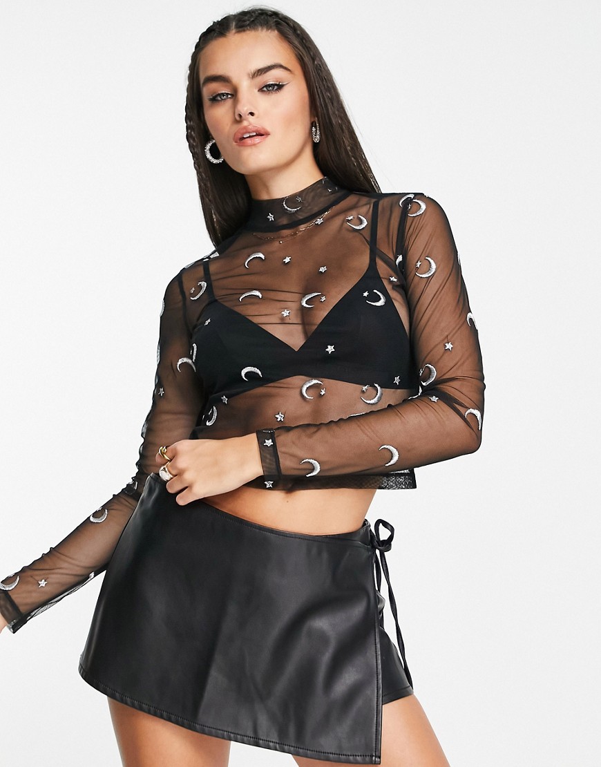 ASOS DESIGN long sleeve mesh top with moon embroidery in black