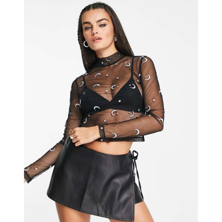 ASOS DESIGN long sleeve mesh top with moon embroidery in black