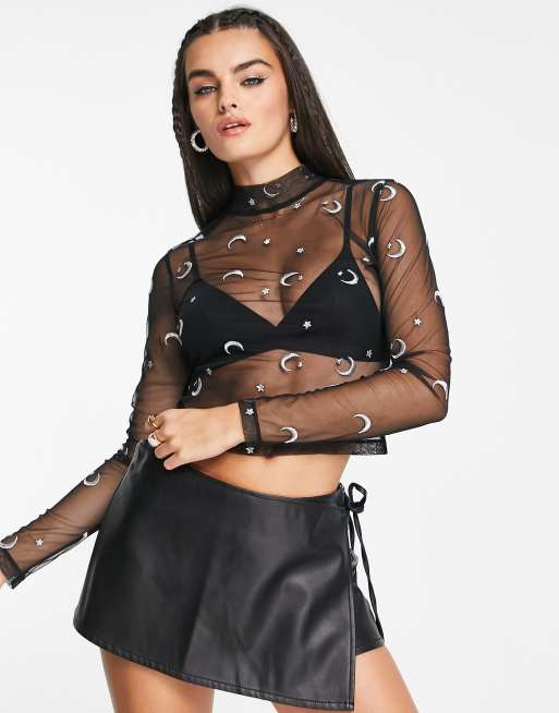 ASOS DESIGN mesh crop top with long sleeve in wave flock in black