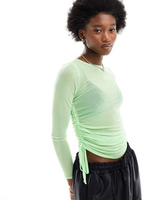 ASOS DESIGN long sleeve mesh top with ruched sides in light green