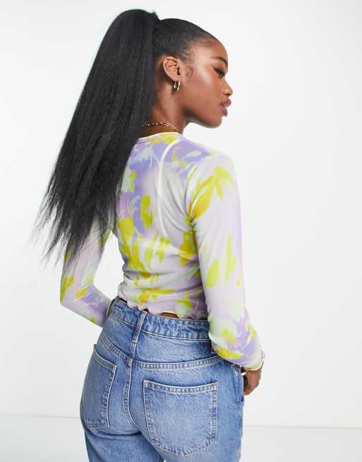 ASOS DESIGN long sleeve mesh top with seam detail in glitch floral - ORANGE  | ASOS