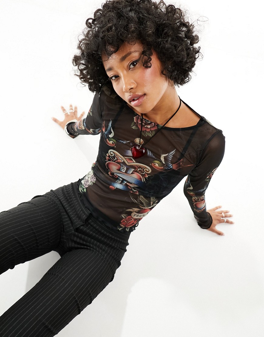 ASOS DESIGN long sleeve mesh top with tattoo graphic in black-Multi