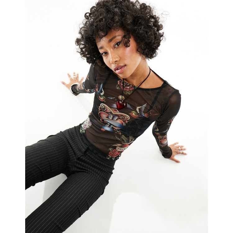 トップス XG Tatto Mesh Top/BLACK XL Women's Gothic Skull Printed Mesh Crop Top with Oversleeves