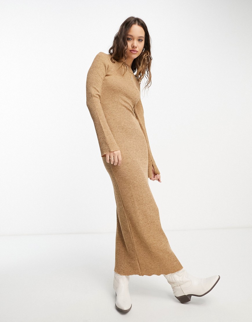 ASOS DESIGN long sleeve midi dress in camel spacedye-Multi