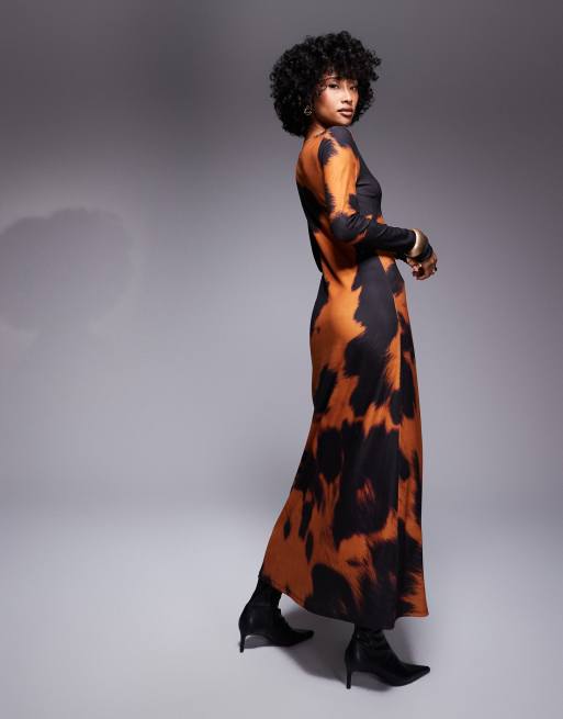 knee length dresses for ladies Cow Print Long Sleeve Cut Out Dress – LM Unlimited main image 0