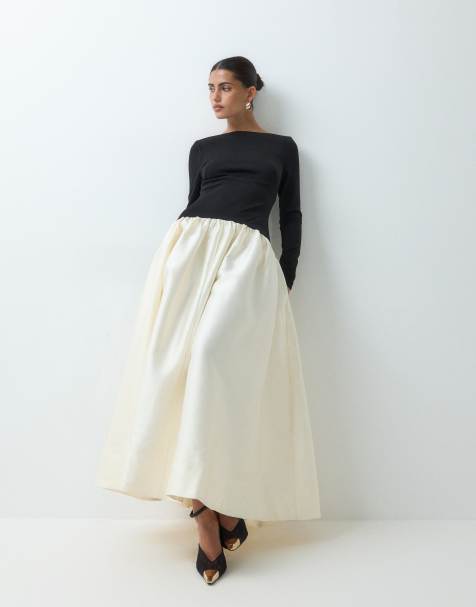 ASOS DESIGN long sleeve midi dress with contrast volume skirt in black & ivory - view 1