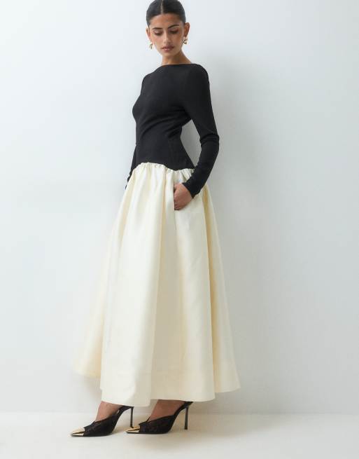 ASOS DESIGN long sleeve midi dress with contrast volume skirt in black & ivory, 2 of 5