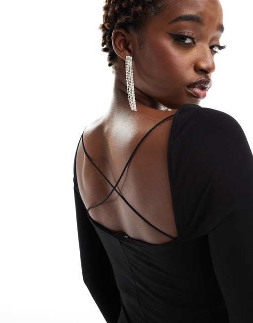 ASOS DESIGN long sleeve midi dress with cross back detail in black, 2 of 4