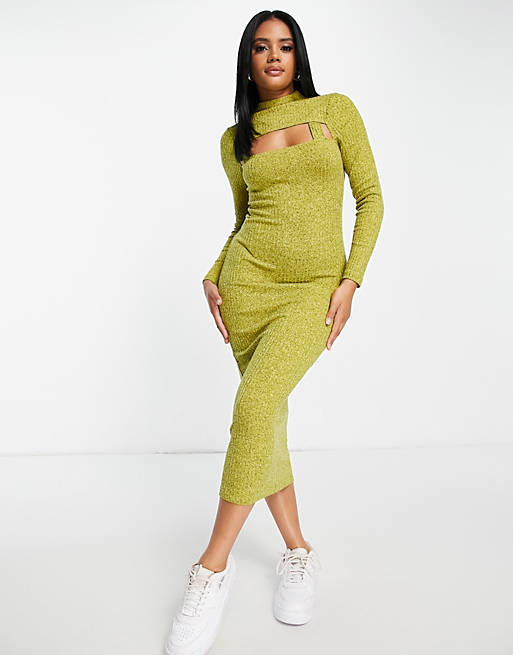  long sleeve midi dress with cut out in lime space dye 