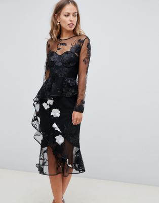 Asos design long sleeve midi dress on sale with embroidered flowers and ruffle detail