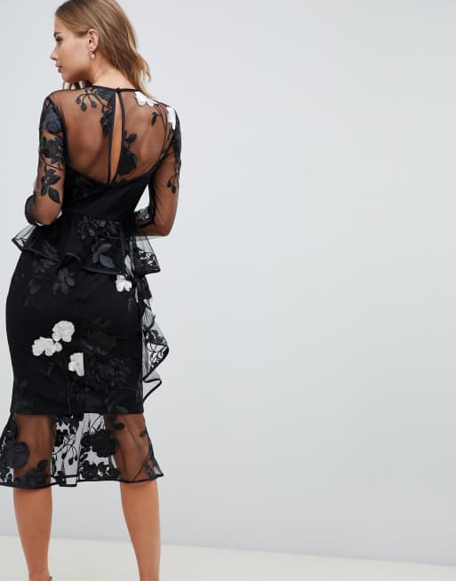 Asos design long sleeve midi dress on sale with embroidered flowers and ruffle detail