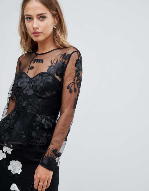 Asos design long sleeve midi dress on sale with embroidered flowers and ruffle detail