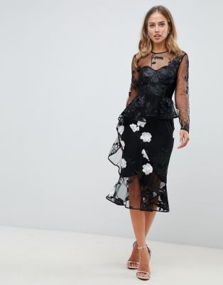 asos design long sleeve midi dress with embroidered flowers and ruffle detail
