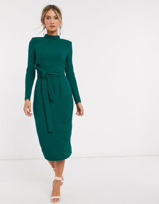 ASOS DESIGN long sleeve midi dress with obi belt in green