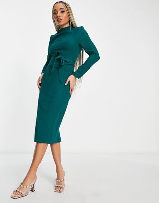 ASOS DESIGN long sleeve midi dress with obi belt in green | ASOS