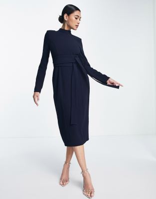 ASOS DESIGN long sleeve midi dress with obi belt in navy - ASOS Price Checker