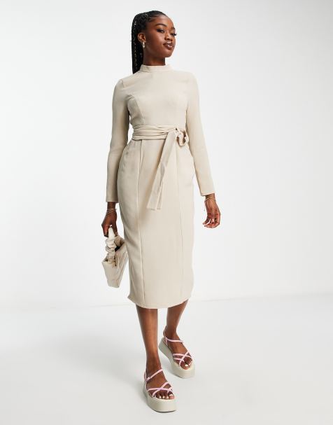 ASOS DESIGN long sleeve midi dress with obi belt in stone - view 1