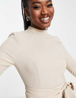 ASOS DESIGN long sleeve midi dress with obi belt in stone | ASOS