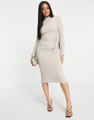 ASOS DESIGN long sleeve midi dress with obi belt in stone | ASOS