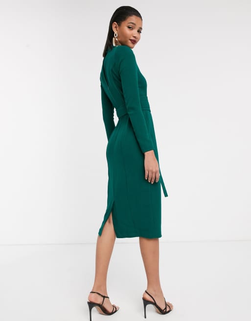 WAREHOUSE Emerald Green Satin Cut-out Ribbon Tie Long Sleeve Evening ...