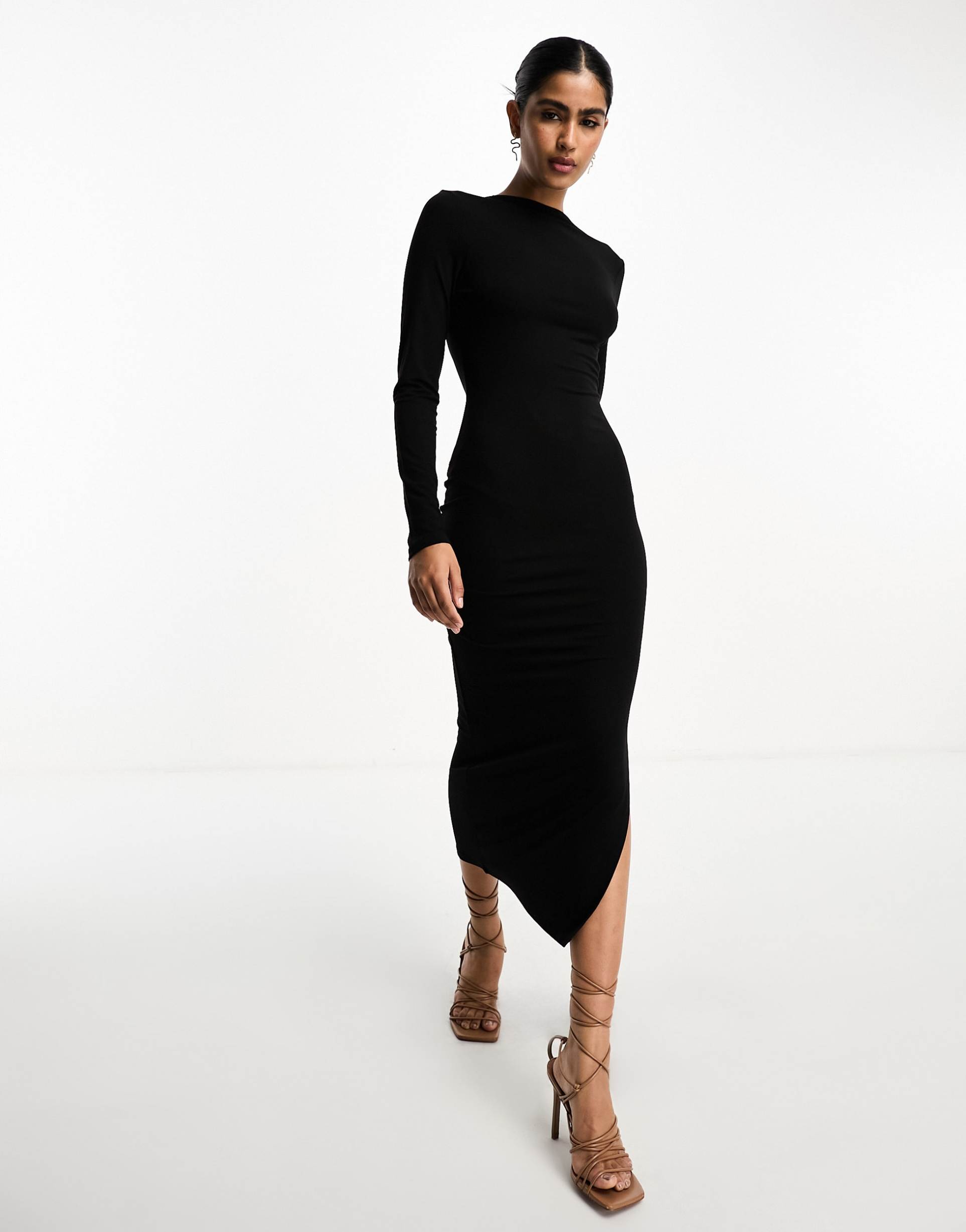 asos design long sleeve midi dress with open back and strap detail in black