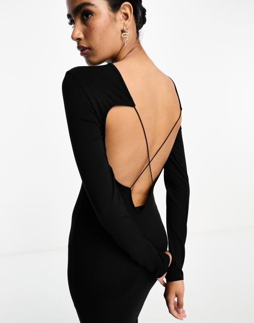 ASOS DESIGN long sleeve midi dress with open back and strap detail in black