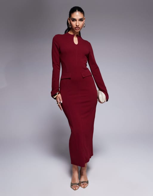 ASOS DESIGN long sleeve midi dress with pocket detail in burgundy in  scuba-style fabric | ASOS