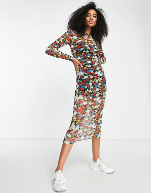 ASOS DESIGN long sleeve midi dress with ruching in bright floral mesh ASOS