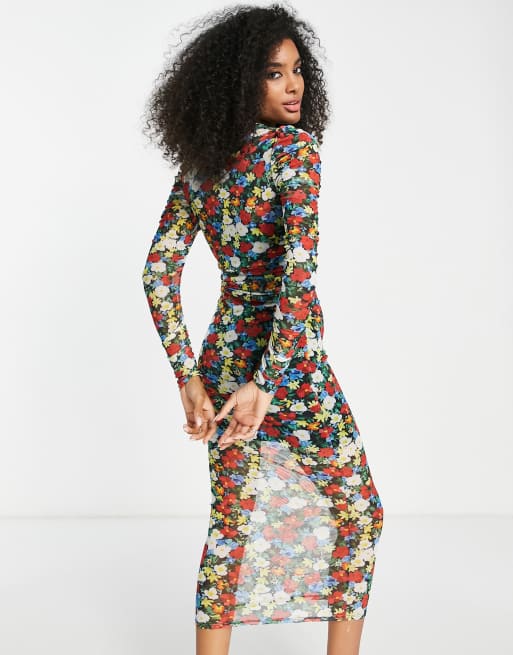 ASOS DESIGN long sleeve midi dress with ruching in bright floral mesh