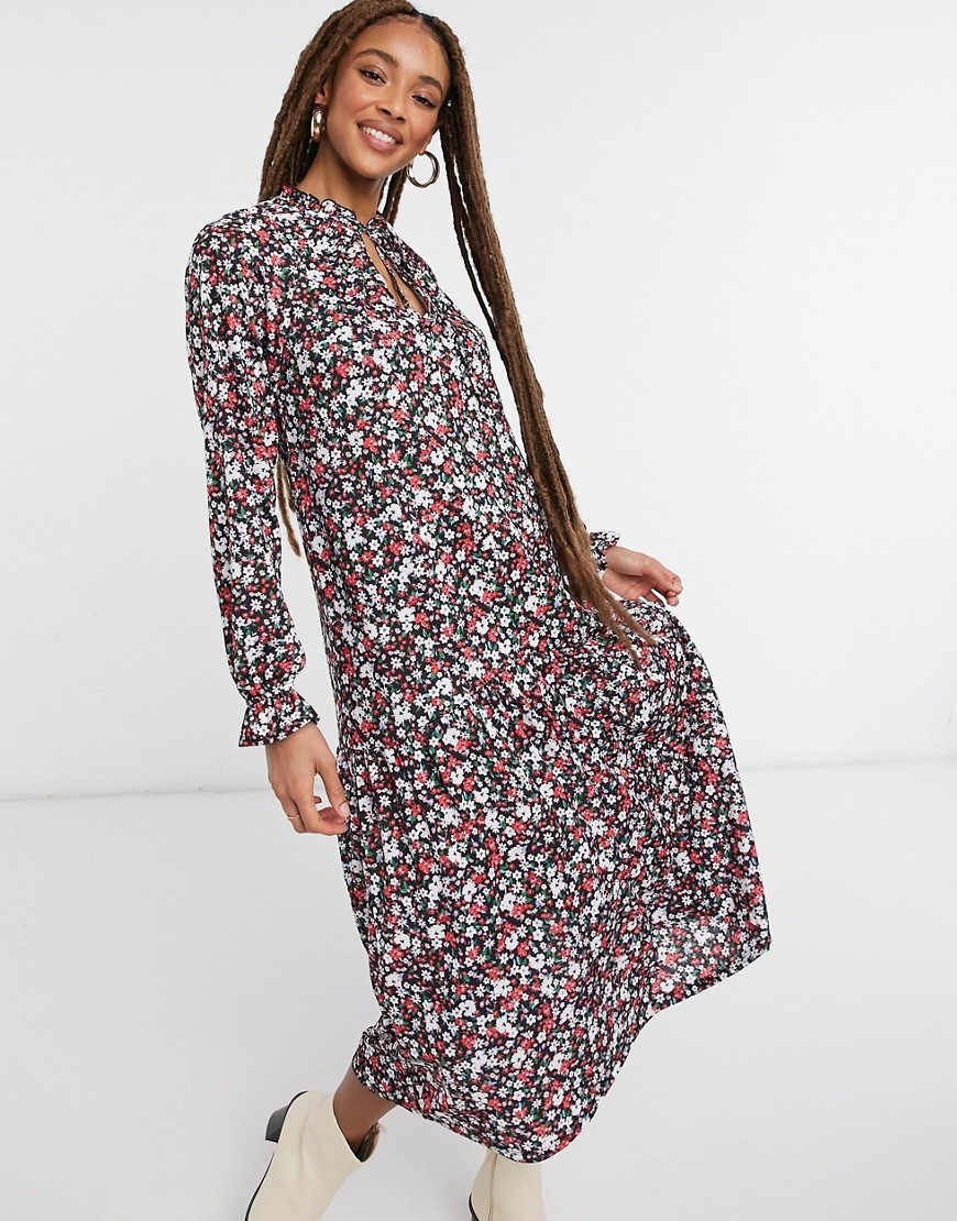 ASOS DESIGN long sleeve midi dress with v neck and frill cuff in red floral print