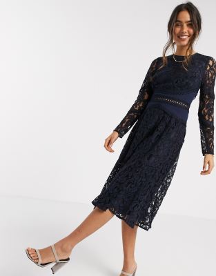 asos design long sleeve lace top prom midi dress