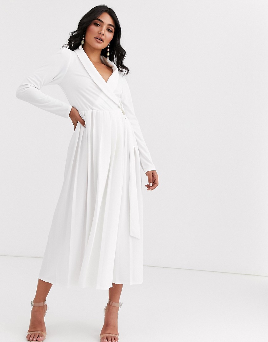 ASOS DESIGN Long sleeve midi shirt dress with pleated skirt and buckle detail-White