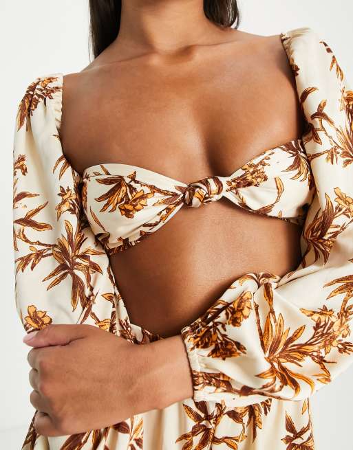 ASOS DESIGN long sleeve milkmaid beach crop top in rustic floral