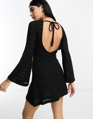 ASOS DESIGN long sleeve mini crochet dress with flare cuff in black | ASOS