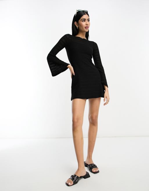 ASOS DESIGN long sleeve mini crochet dress with flare cuff in black, 4 of 4