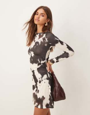 Asos Design Long Sleeve Mini Dress In Cow Print-multi
