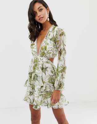 asos design long sleeve mini dress in floral print with cluster embellishment detail and circle trims