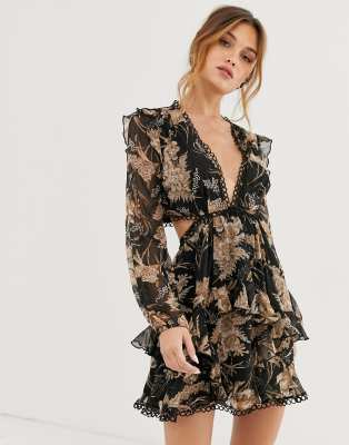 asos design long sleeve mini dress in floral print with cluster embellishment detail and circle trims