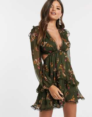 asos design long sleeve mini dress in floral print with cluster embellishment detail and circle trims