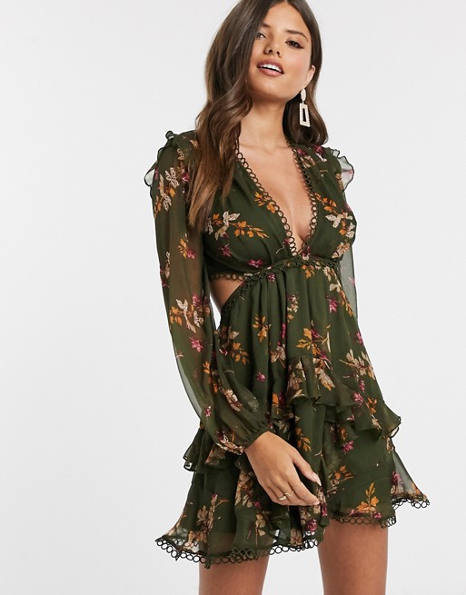 ASOS DESIGN long sleeve mini dress in floral print with cluster embellishment detail and circle trims