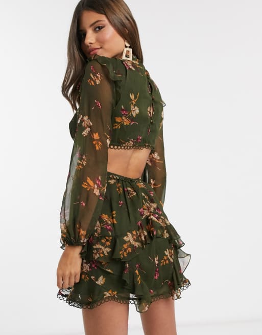 ASOS DESIGN long sleeve mini dress in floral print with cluster embellishment detail and circle trims