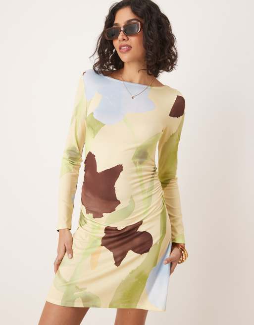 ASOS Design long sleeve mini dress in floral print-Multi