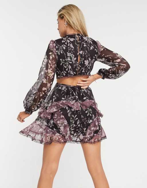 Asos Design Long Sleeve Mini Dress In Mixed Floral Print With Circle Trims Asos