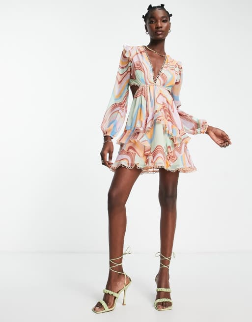 Asos design long sleeve mini dress in floral hotsell print with cluster embellishment detail and circle trims