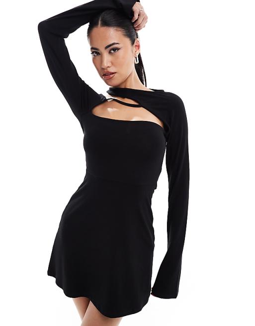black cut out mini dress long sleeve Black Mesh Illusion Cut-out Mini Dress main image 0